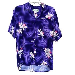 Two Palms Hawaiian Shirt Men Medium Purple White Orchid Floral Rayon Made Hawaii